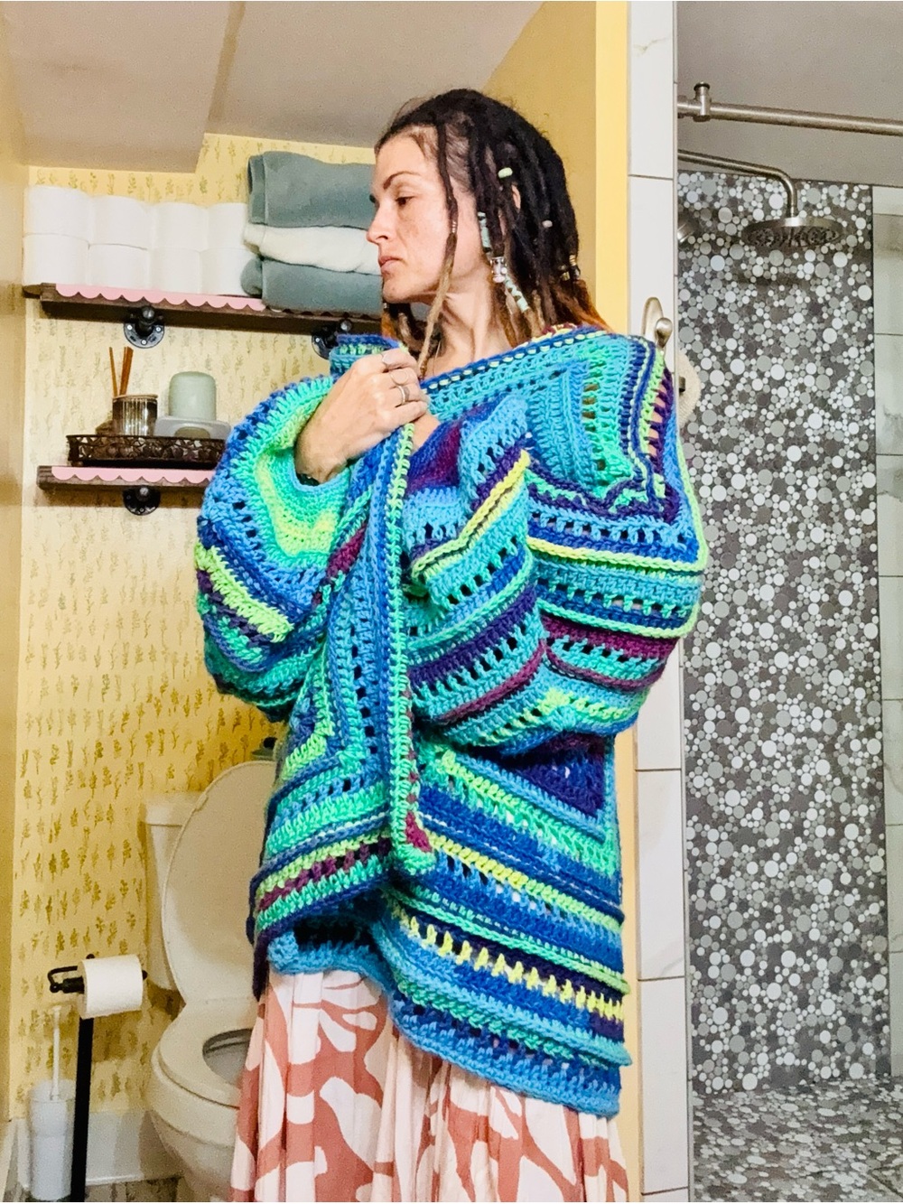 Handmade Multicolor Crochet Sweater - Blue & Green